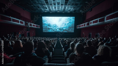 Cinematic Experience: Audience Absorbed in a Movie on a Massive Screen in a Darkened Theater at Evening