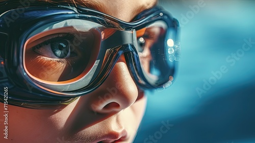 Close-up of a child's face with swimming goggles, reflecting light and water.