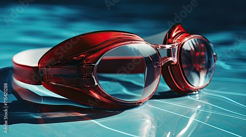 Red swimming goggles with reflections, floating on tranquil pool water photo