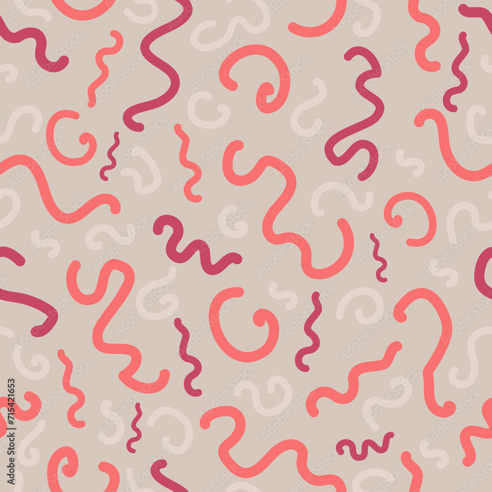 Abstract seamless pattern with curvy lines. Peach fuzz and mauve doodle lines on subtle beige background. Creative surface art texture for printing on fabric, wrapping, textile, wallpaper, apparel Abstract seamless pattern with curvy lines. Peach fuzz and mauve doodle lines on subtle beige background. Creative surface art texture for printing on fabric, wrapping, textile, wallpaper, apparel