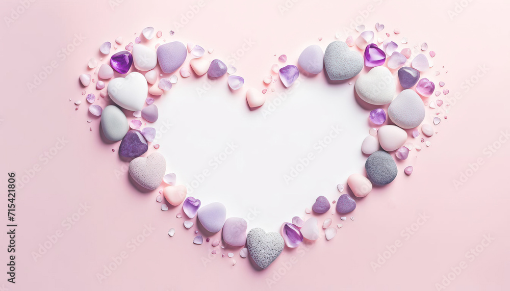 Cute empty heart frame made from pink stone hearts with copy space