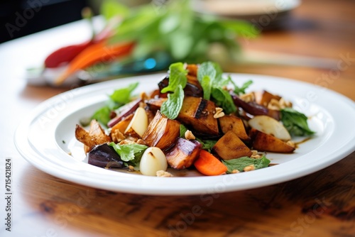 wide plate with roasted root vegetable salad, balsamic drizzle