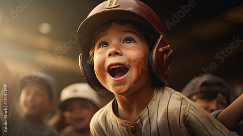 Young child in baseball gear, joyfully celebrating with team in the background. photo