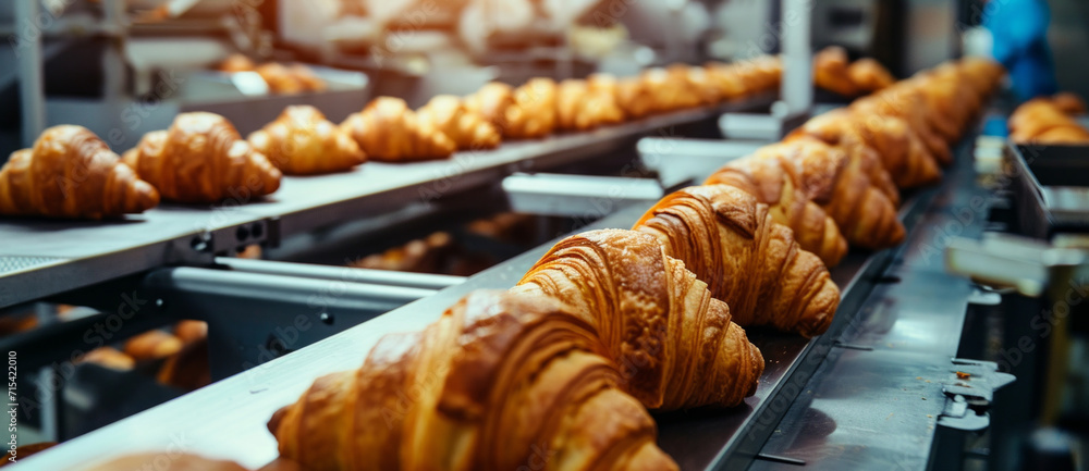 Golden croissants in a row on a conveyor belt, showcasing industrial bakery production