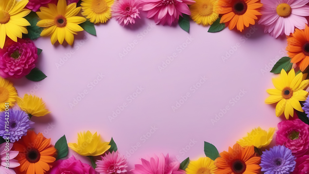 blur Banner with frame made of red, yellow flowers and green leaves on a pink background. Springtime composition with copyspace
