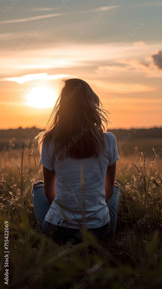 Naklejka premium Back view of a sitting white female against sunset background, background image, generative AI