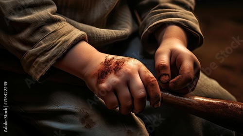Close-up of a child's hands gripping a baseball bat, dirt-covered and determined. photo