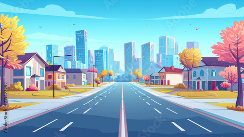 Empty modern city. City life illustration with house facades road and other urban details. 