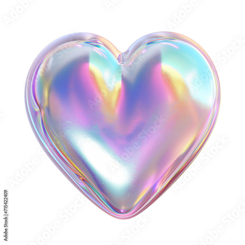A holographic heart balloon with a shiny iridescent surface, isolated on a transparent background, conceptually related to love, romance, or Valentine's Day