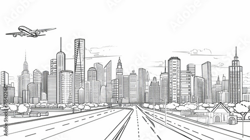 Black outlines Infrastructure illustration. Large highway in city. 