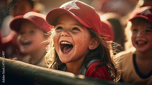 Excited young baseball fan cheering in the stands with a cap. photo