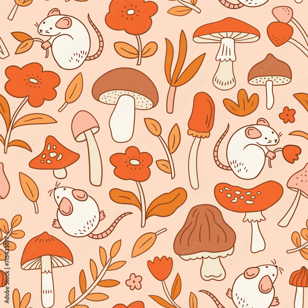 Vector hand-drawn mushroom and mouse seamless pattern. Natural forest seamless print design for kids fabric. Cute animal seamless texture. Vector hand-drawn mushroom and mouse seamless pattern. Natural forest seamless print design for kids fabric. Cute animal seamless texture.