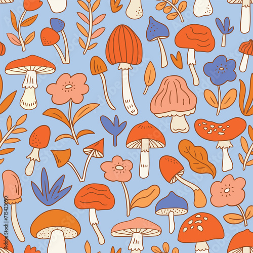 Vector hand-drawn mushroom seamless pattern. Natural forest seamless print design for kids fabric. Cute mushroom seamless texture.