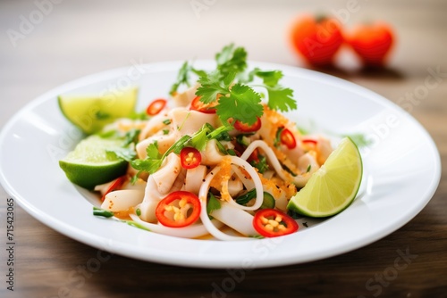 spicy squid salad, red chili slices, lime wedge, coriander