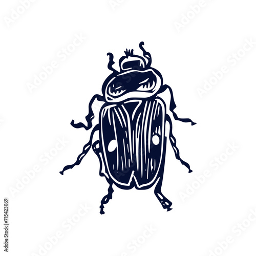 Handmade blockprint bug vector motif clipart in folkart scandi style. Simple monochrome linocut insect shapes with naive rural lineart.