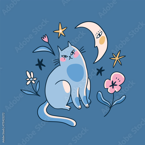 Mystical blue cat poster design. Magic card with cute cat and moon. Vector animal illustration in hnad-drawn style.