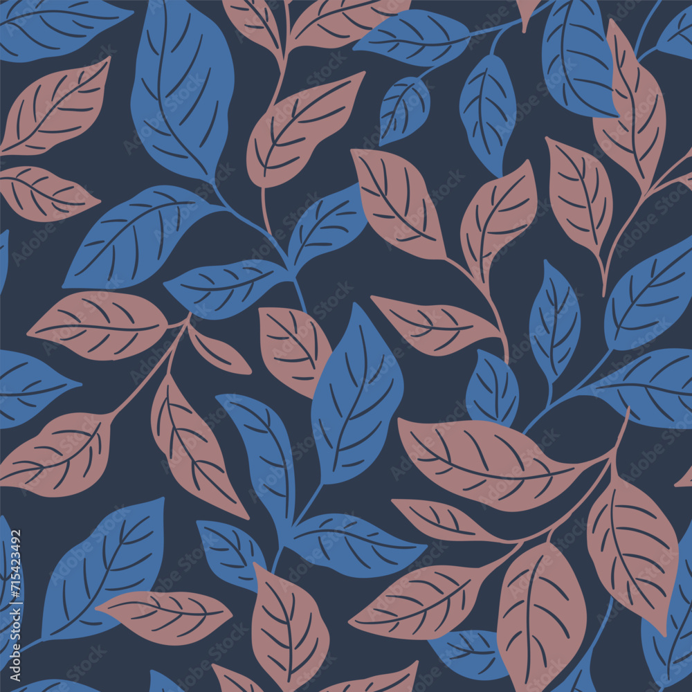 Vector seamless leaves pattern. Branches on dark background. Stylish natural seamless print design for fabric, wallpaper or wrapping paper.