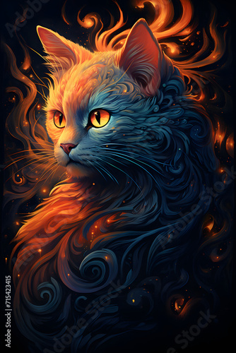A cat is sitting on a dark sky with an orange flame in its hair