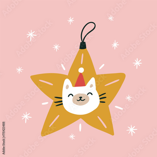 Christmas decoration with funny cat. Vector greeting card design. Happy new year illustration. 
