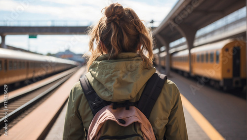 back view of a female backpacker with a train station in the background