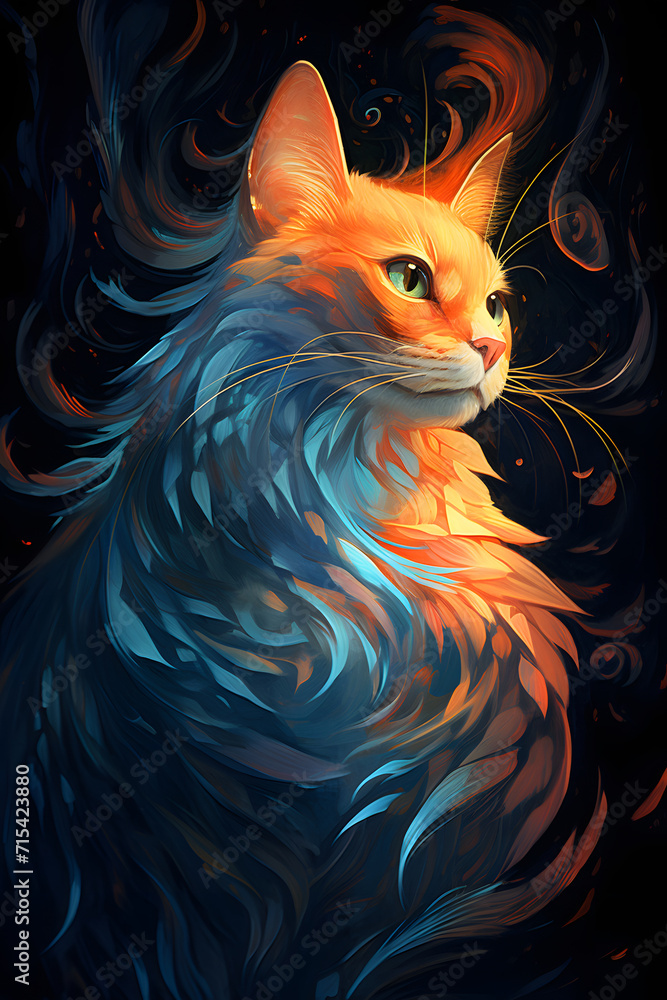 A cat is sitting on a dark sky with an orange flame in its hair