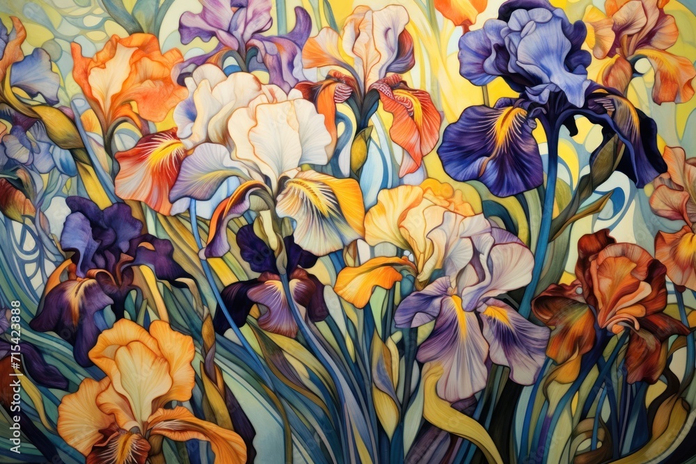 a painting of a bunch of flowers that are in some kind of flowery plant with many colors of purple, orange, yellow, and blue. a painting of a bunch of flowers that are in some kind of flowery plant with many colors of purple, orange, yellow, and blue.