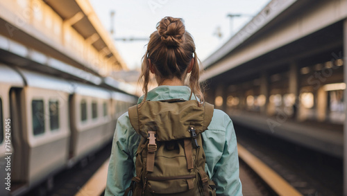 back view of a female backpacker with a train station in the background