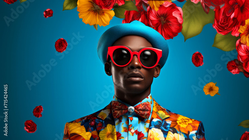 Modern pop art portrait of handsome African man in red sunglasses on blue background. Contemporary drawing painting poster of stylish fashion people in vintage retro style