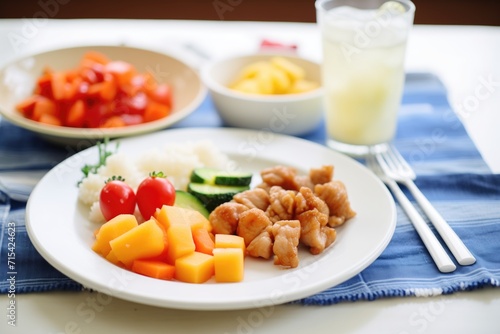 kids sweet and sour pork meal with side of fruit