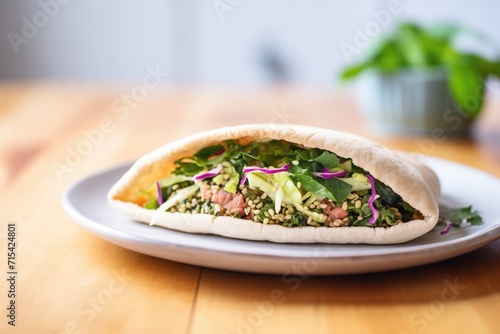 tabouli stuffed in a pita pocket with lettuce  side view
