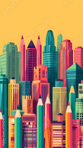 Flat Vector Design of a vibrant cityscape where buildings are shaped like oversized pencils, generative AI