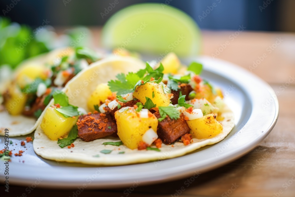 soft tacos with spicy chorizo and diced potatoes, up-close texture soft tacos with spicy chorizo and diced potatoes, up-close texture