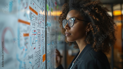 A trial lawyer business black woman in office scrutinizes looking a large flowchart screen on the wall, technology strategy concept