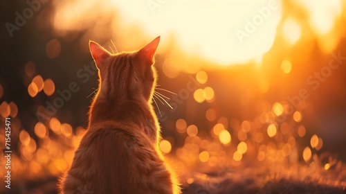 Back view portrait of a sitting cat against sunset background, background image, generative AI