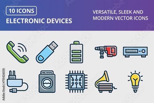 Electronic Devices Thick Line Filled Dark Colors Icons Set