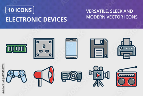 Electronic Devices Thick Line Filled Dark Colors Icons Set