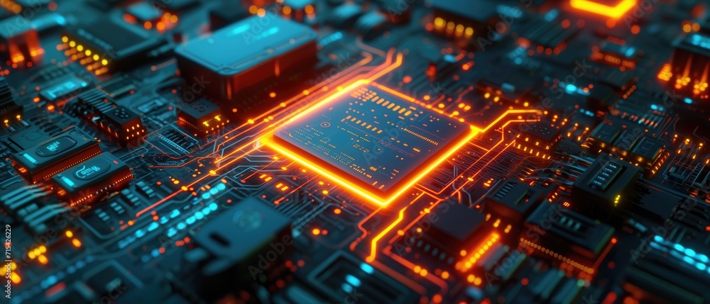 a circuit board illuminated by glowing orange and red lines, highlighting the intricate pathways, generative ai a circuit board illuminated by glowing orange and red lines, highlighting the intricate pathways, generative ai