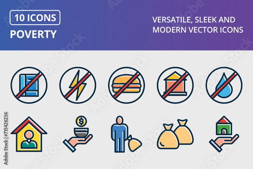 Poverty Thick Line Filled Dark Colors Icons Set
