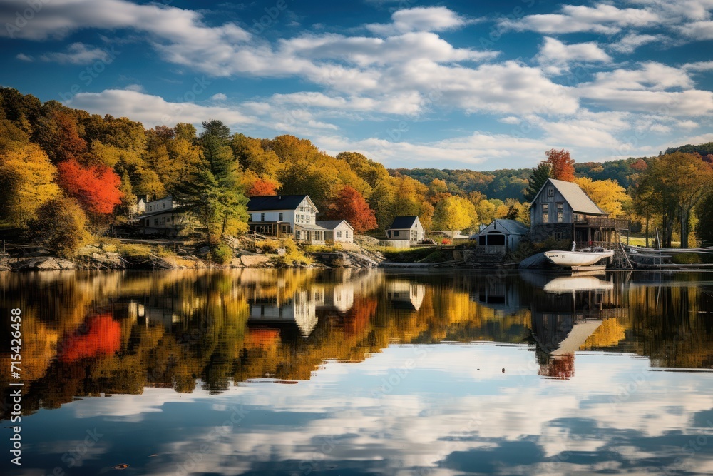 a lake surrounded by lots of trees with a house in the middle of it and a boat in the water. a lake surrounded by lots of trees with a house in the middle of it and a boat in the water.