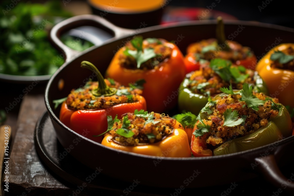  a pan filled with stuffed bell peppers and garnished with cilantro, parsley and parsley.