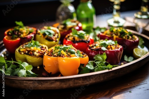  a platter of stuffed bell peppers with a side of limes and a bottle of wine in the background.