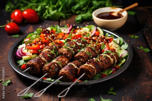  a plate of meat skewers with a side of salad and a bowl of dipping sauce on the side.