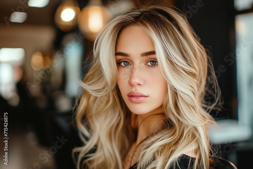 a beautiful blonde model woman in the hairdresser salon gets a new haircut, dyes her hair and style it sitting on the chair