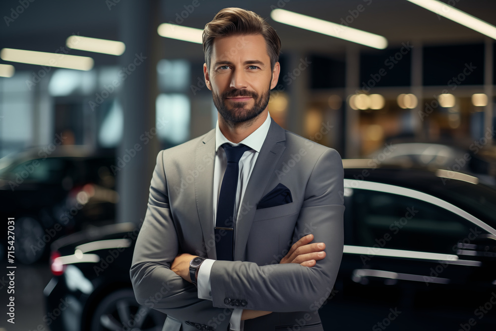 Professional luxury car salesman in luxury showroom. salesman in showroom. Expensive car. Car dealer business. Automotive industry. Luxury car agent. Auto dealership office.