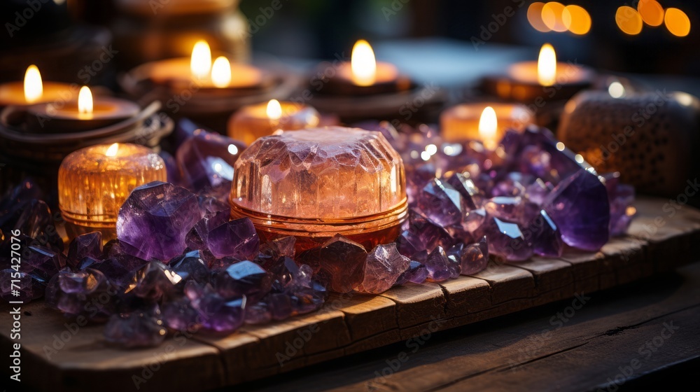 Ametrine gemstone placed on an ornate cloth with candles and crystals Ametrine gemstone placed on an ornate cloth with candles and crystals