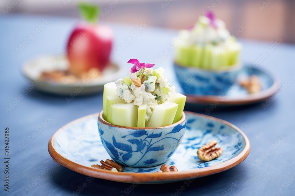 waldorf salad presented in hollowed apple bowls, on a blue plate
