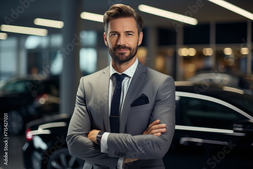 Professional luxury car salesman in luxury showroom. salesman in showroom. Expensive car. Car dealer business. Automotive industry. Luxury car agent. Auto dealership office. © ERiK