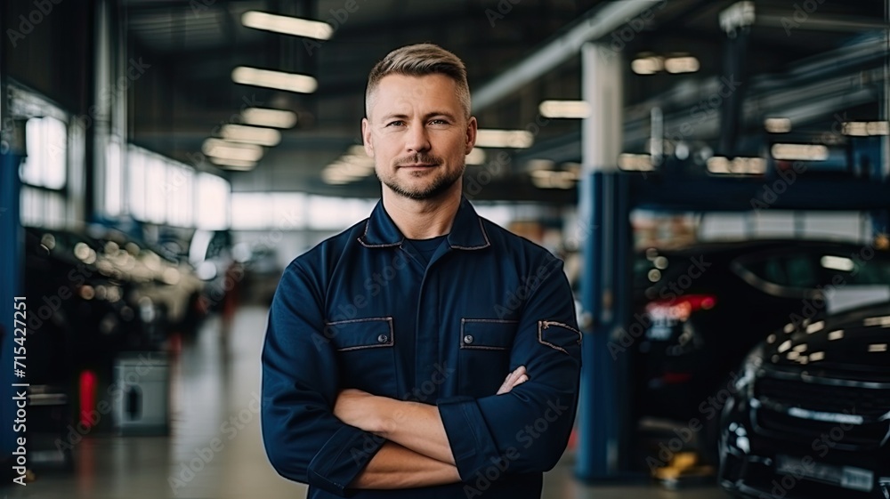 Confident mechanic with arms crossed standing in a modern auto repair shop.