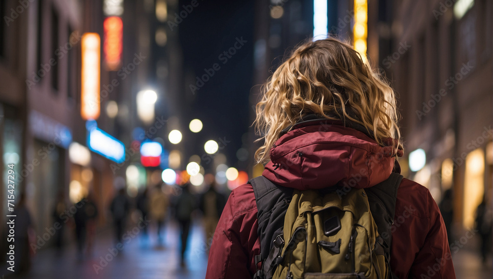 back view of a female backpacker with the background of a city street at night