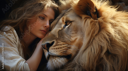 portrait of a lion and beautiful girl